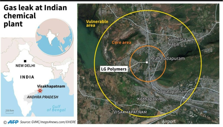 Satellite map locating the LG Polymers chemical plant, where a gas leak was reported pre-dawn Thursday.