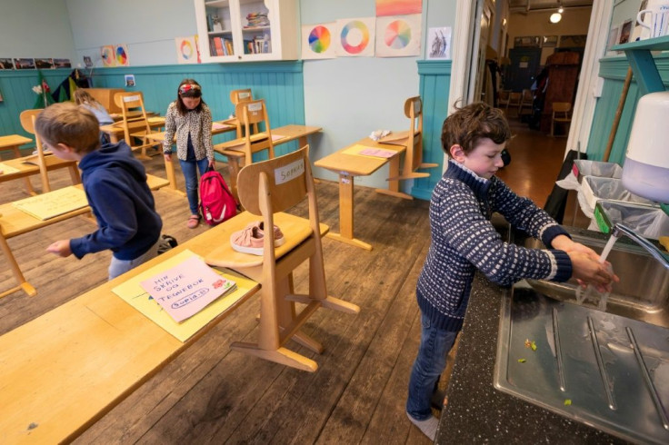 Third graders washing their hands at a school in Oslo after Norway began reopening schools in late April.