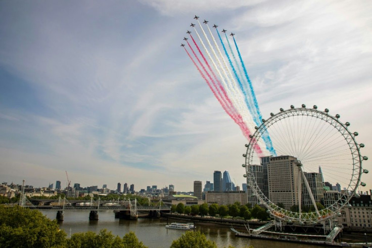 The Royal Air Force Red Arrows marked the 75th anniversary of VE Day (Victory in Europe Day) in central London.