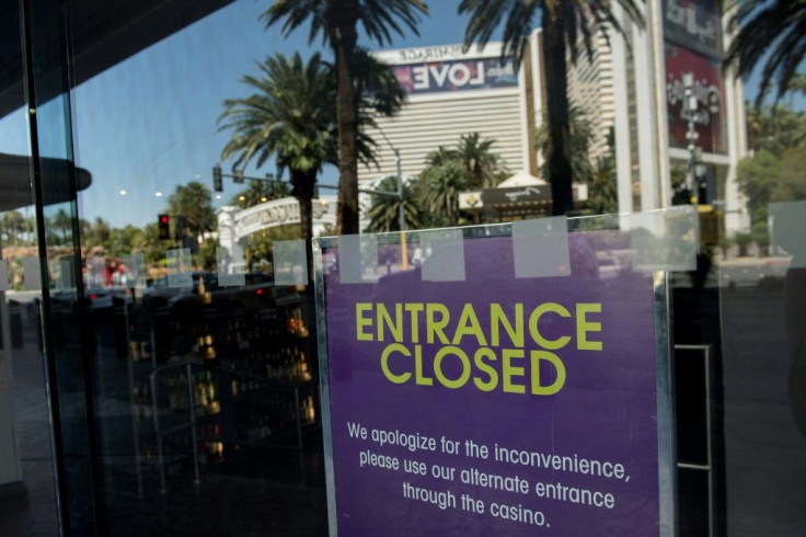 A casino entrance is closed along the Las Vegas Strip, where the financial pain of the pandemic-induced shutdown is clear