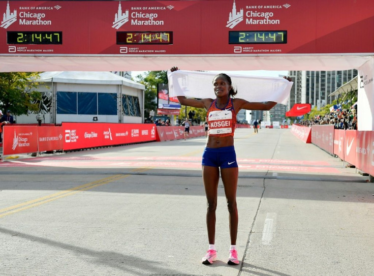 Brigid Kosgei was also wearing a version of the carbon-fibre Nike shoes when she smashed the women's marathon world record in Chicago last year