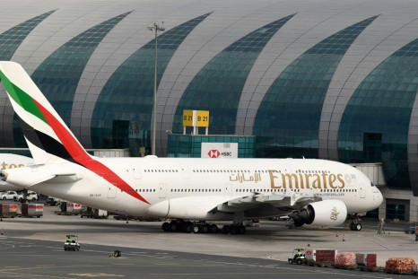 An Emirates A380 sits grounded at Dubai after the airline suspended all passenger operations amid the coronavirus pandemic