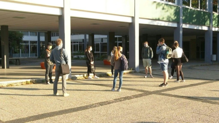 German final-year students at the Luise-von-Duesberg High School in Kempen, North Rhine-Westphalia, return to class with social distancing measures to fight the spread of the new coronavirus.