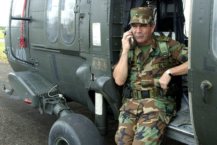 General Mario Montoya, pictured during a military operation in 2002 in Colombia's northeast, is accused of ordering extrajudicial kllings