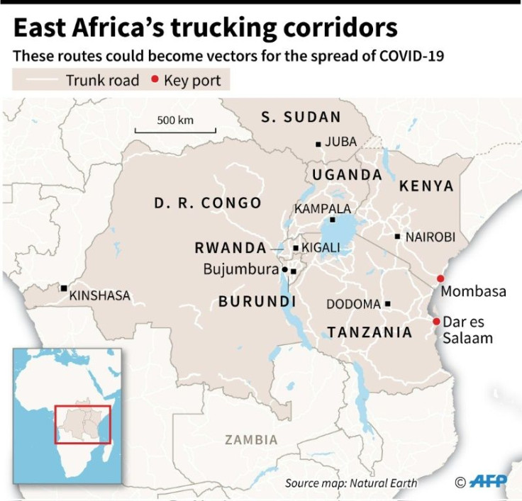 Map of East Africa showing major lorry routes from the ports of Mombasa and Dar es Salaam to the interior. There are fears the coronavirus in spreading along these routes.
