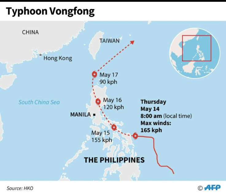 Map showing the path of Typhoon Vongfong appoaching the coast of the Philippines on Thursday.
