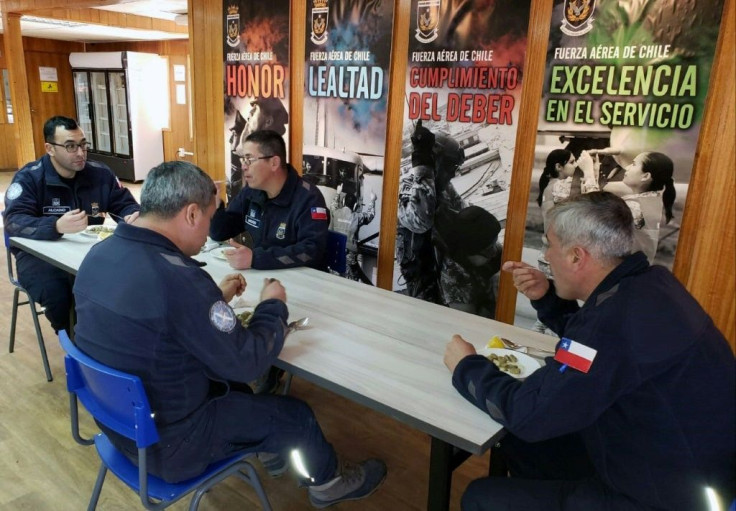 Chilean military personnel having lunch at the Eduardo Frei Antarctic base