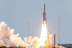 An Ariane 5 in 2019 carries a communications satellite from Intelsat, which filed for bankruptcy protection May 14, 2020