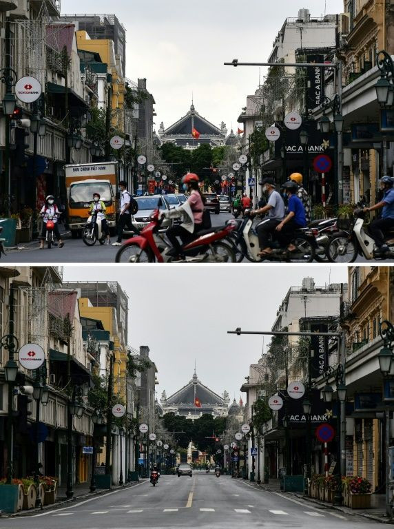 Mopeds once again fill every available space between the cars on Hanoi's streets
