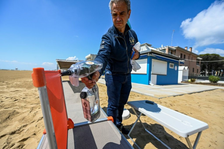 Sunbeds are sanitised at a private beach in Jesolo, as part of the safety precautions being taken against the spread of coronavirus