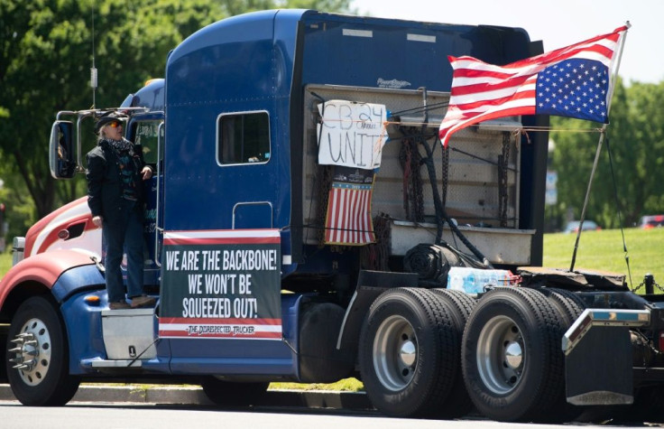 A protesting trucker parked on the National Mall outside the White House