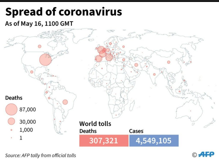 A world map showing official number of coronavirus deaths per country, as of May 16 at 1100 GMT
