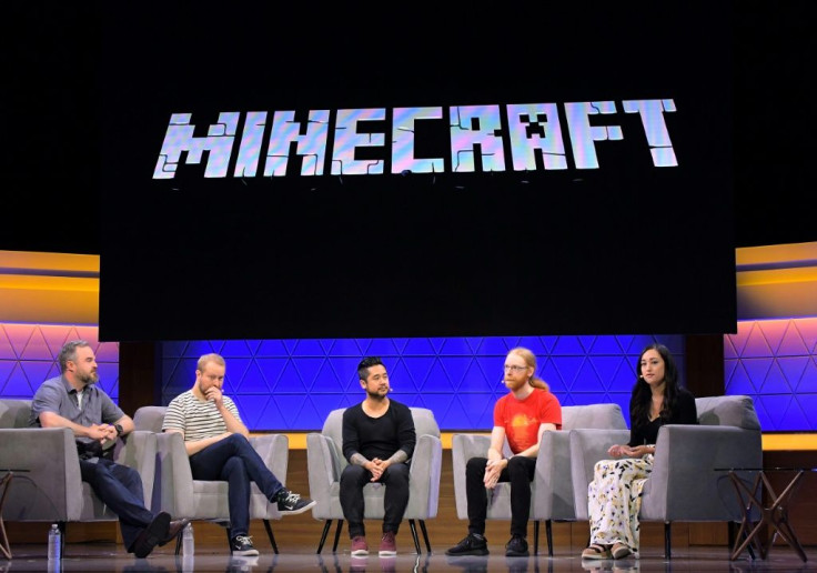 Brad Shuber, Mans Olsen, Patrick Liu, Jens Bergensten and Rebecca Gordius speak at the 'Minecraft: The Next Ten Years' panel during E3 2019 at the Novo Theatre on June 13, 2019 in Los Angeles, California