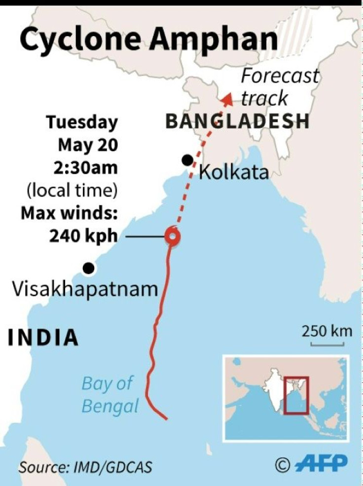 Map showing the forecast path of Cyclone Amphan as it heads across the Bay of Bengal on Wednesday.