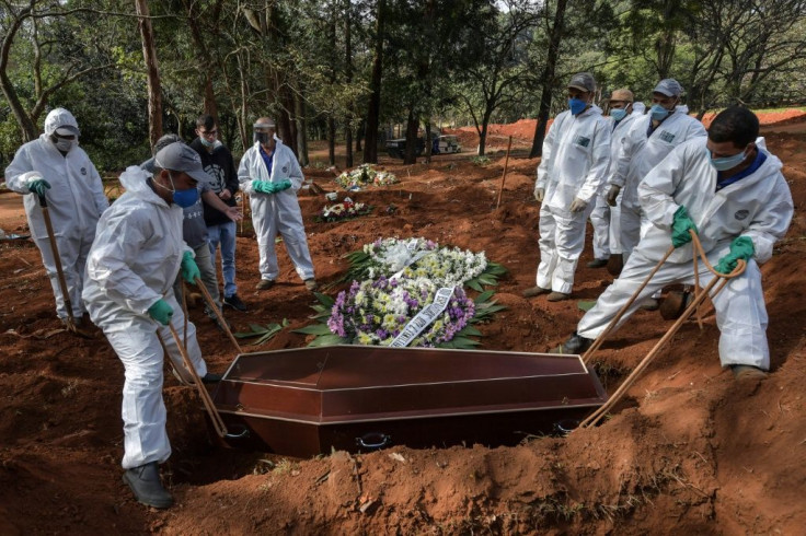 Employees bury the coffin of a person who died from COVID-19 at the Vila Formosa cemetery, in the outskirts of Sao Paulo, Brazil on May 20, 2020