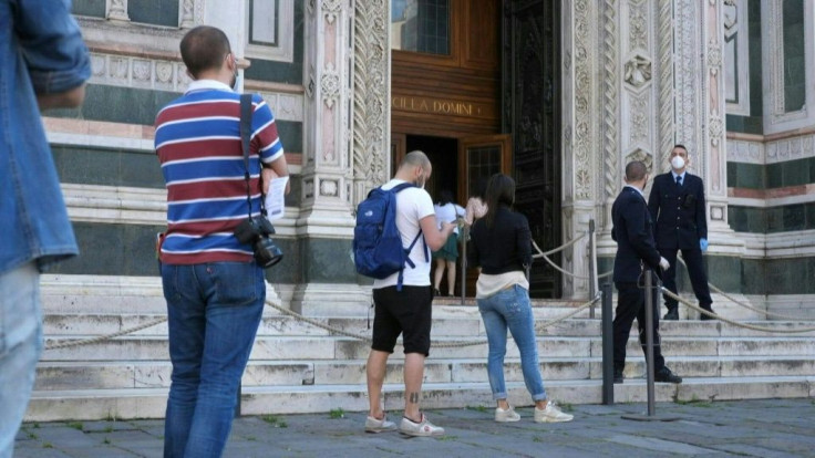 Visitors lined up to enter Florence's newly-reopened Duomo Cathedral