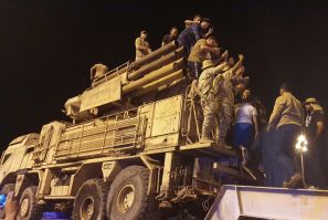 Forces loyal to Libya's UN-recognized Government of National Accord parade a Pantsir air defense system truck in the capital Tripoli on May 20, 2020 after its capture at a nearby airbase from strongman Khalifa Haftar