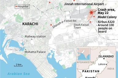 Close-up map of Karachi in Pakistan locating the crash area of a plane carrying around 100 people on Friday.