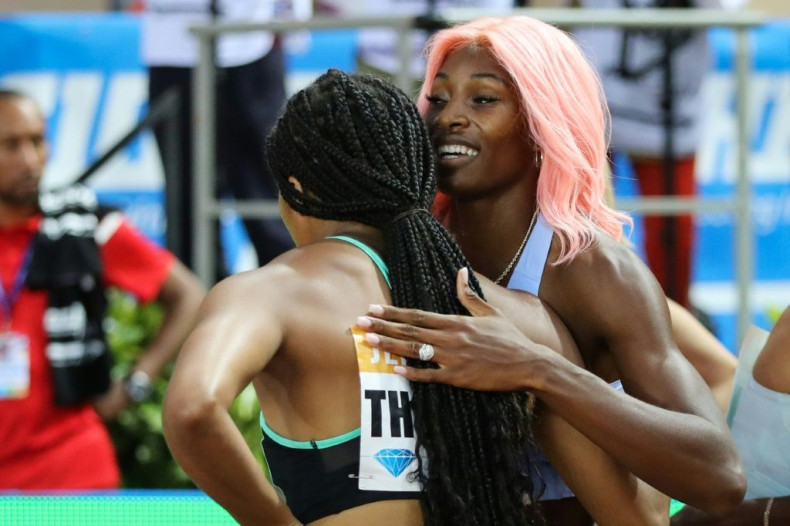 Social distancing: Monaco hopes to hold a 'traditional' meeting but perhaps some things will change, last year winner Shaunae Miller-Uibo, with the pink hair, hugged Elaine Thompson after the women's 200m