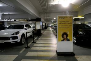 Cars sit idle at the Hertz Rent-A-Car rental lot at San Francisco International Airport in California on April 30, 2020.  Hertz says it has filed for bankruptcy in the US and Canada