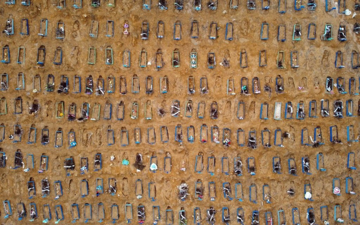 Aerial view of an area at the Nossa Senhora Aparecida cemetery where new graves have been dug in Manaus, Brazil, on May 22, 2020 amid the coronavirus pandemic