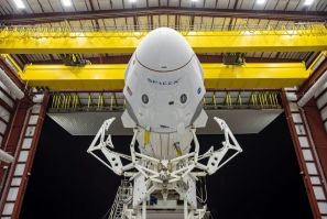 The Crew Dragon spacecraft and the SpaceX Falcon 9 rocket are pictured at Launch Complex 39A at Kennedy Space Center in Florida on May 21, 2020