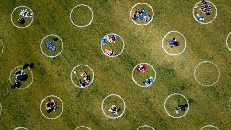 An aerial view shows painted circles in the grass to encourage people to social distance at Washington Square Park in San Francisco, California
