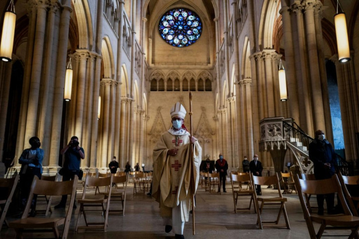 Bishop Emmanuel Gobilliard arrives to celebrate the first mass since the beginning of the lockdown due to Covid 19 pandemic in Saint-Jean cathedral in Lyon