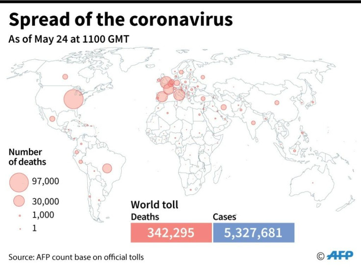 World map showing official number of coronavirus deaths per country, as of May 24 at 1100 GMT