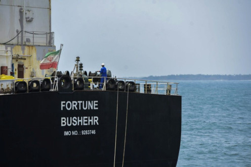 The Iranian-flagged oil tanker Fortune docks at El Palito refinery in Venezuela's northern state of Carabobo, on May 25, 2020