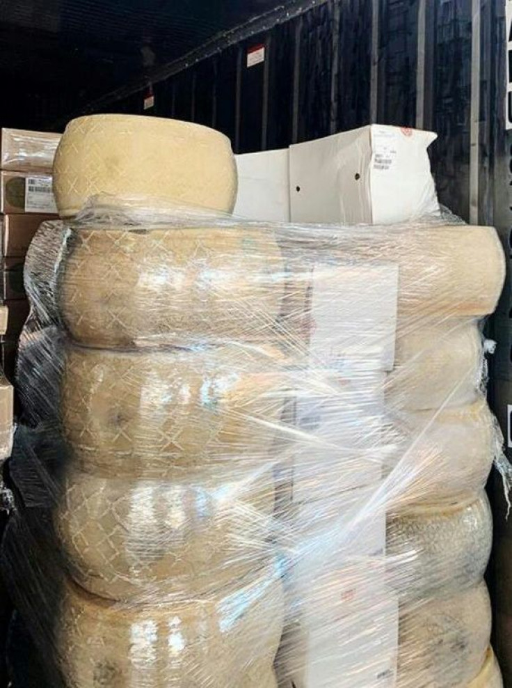 This handout picture released on May 27, 2020 by the Federal Customs Service of Russia shows European-made cheeses seized at the Bronka customs post by Baltic customs in Saint Petersburg