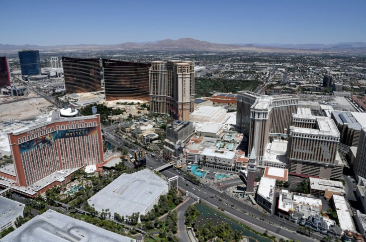 LAS VEGAS, NEVADA - MAY 21: (L-R) An aerial view of the Las Vegas Strip shows The Drew Las Vegas, where construction was stopped in response to the coronavirus (COVID-19) pandemic, and Encore Las Vegas, Wynn Las Vegas, the Treasure Island Hotel & Casino, 