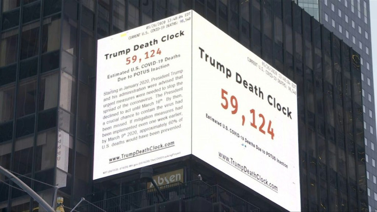 IMAGESA sign in New York's Times Square shows an estimate of the number of deaths from the novel coronavirus that could have been avoided "if mitigation measures had been implemented earlier" by the Trump administration. The United States has now recorded