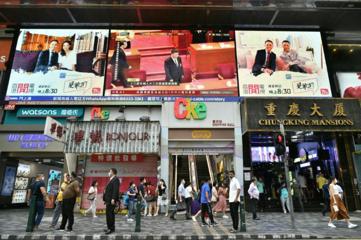 China's President Xi Jinping is shown on a large video screen in Hong Kong -- a new national security law for the city has raised hackles in the territory and abroad