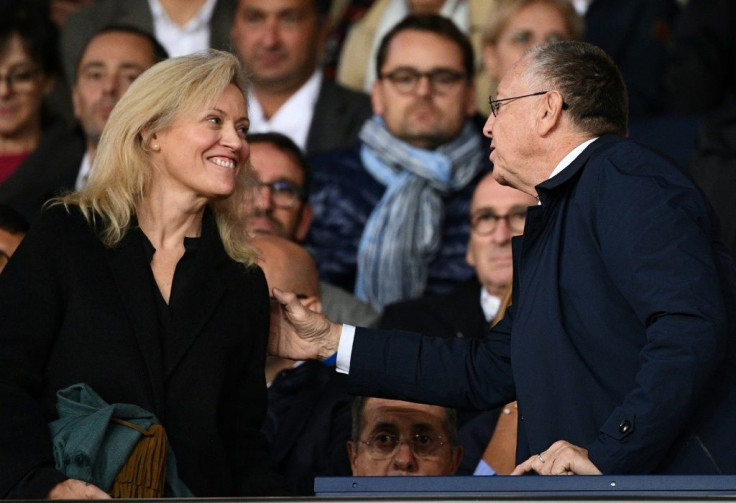 Lyon president Jean-Michel Aulas (R) with French league president Nathalie Boy de la Tour. Aulas has been the leading critic of the decision to end the season early