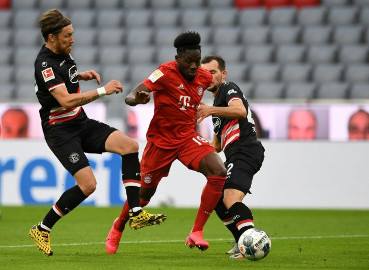 Bayern Munich's Canadian midfielder Alphonso Davies (C) clocked 35.4 km/h in Saturday's 5-0 league win over Fortuna Duesseldorf.