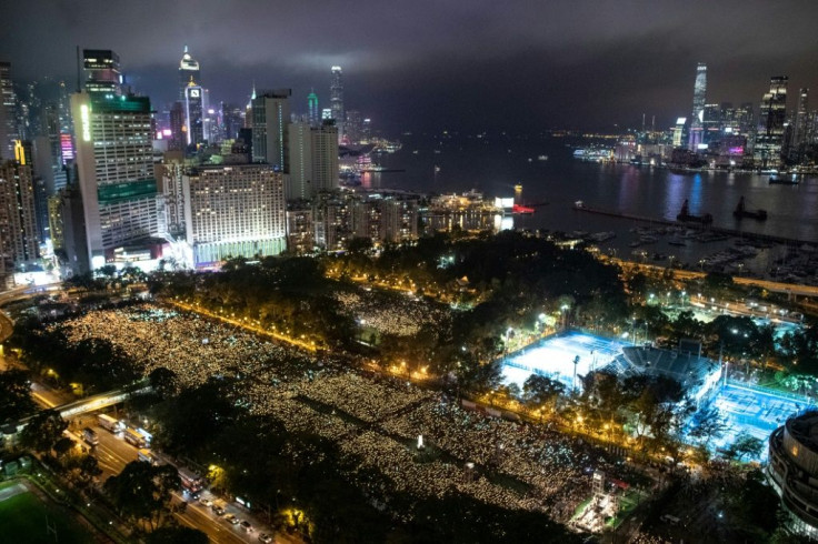 Candlelight vigils in Hong Kong marking the anniversary of the Tiananmen crackdown usually attract hundreds of thousands of people, as this one in Victoria Park did in 2019