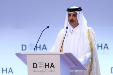 A file picture taken on December 14, 2019 shows the Emir of Qatar Sheikh Tamim bin Hamad al-Thani delivering a speech during the opening session of the Doha Forum in the Qatari capital