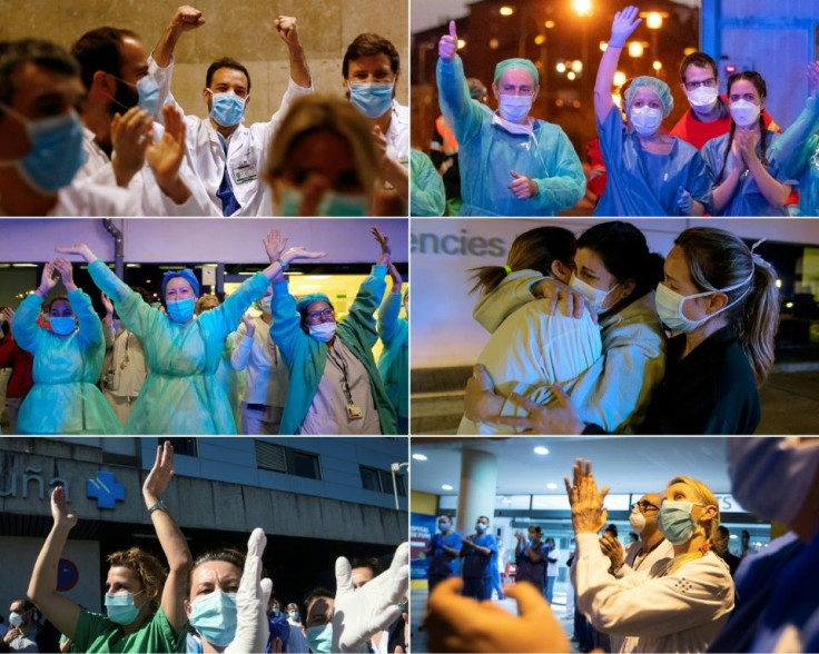 Healthcare workers from around Spain (pictured March 2020) react to the people's support as they are cheered on outside their hospitals in the cities of Barcelona, Burgos, Valencia, Coruna and Palma de Mallorca