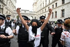 Protestors remonstrate with police officers during an anti-racism demonstration in London after George Floyd, an unarmed black man, died after a police officer knelt on his neck during an arrest in Minneapolis, USA.