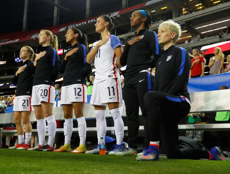 US women's soccer star Megan Rapinoe kneels in protest before an international in Atlanta in 2016