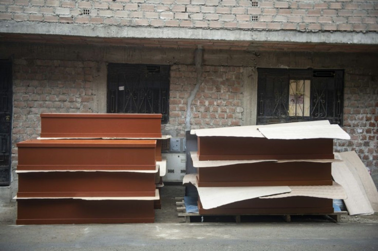 Coffins stacked outside a factory in Lima's Juan de Lurigancho district on June 3, 2020. Peru is Latin America's second-worst hit country from the coronavirus pandemic