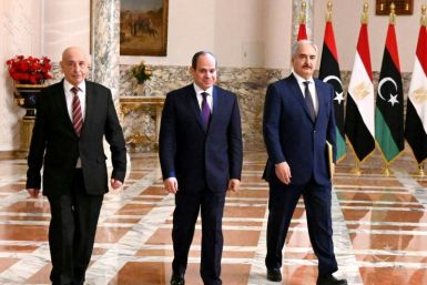 Egyptian President Abdel Fattah al-Sisi (C), Libyan strongman Khalifa Haftar (R) and the Libyan Parliament speaker Aguila Saleh at a joint press conference in Cairo Saturday