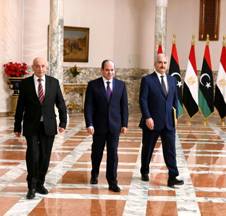 Egyptian President Abdel Fattah al-Sisi (C), Libyan strongman Khalifa Haftar (R) and the Libyan Parliament speaker Aguila Saleh at a joint press conference in Cairo Saturday