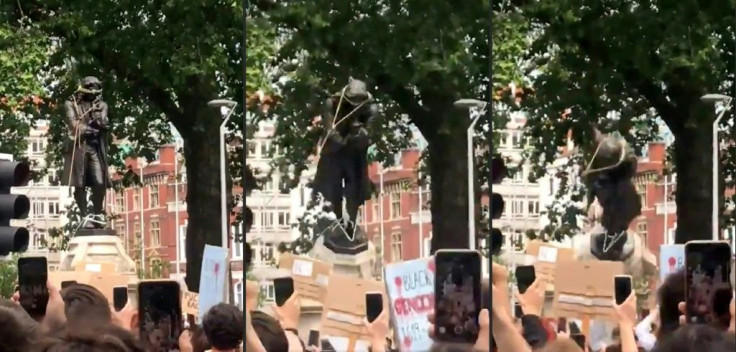 Sequence of pictures showing demonstrators pulling down the bronze monument to Edward Colston in Bristol and threw it into the harbour