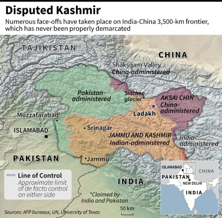 Map of disputed Kashmir showing the areas administered by Pakistan, India and China.