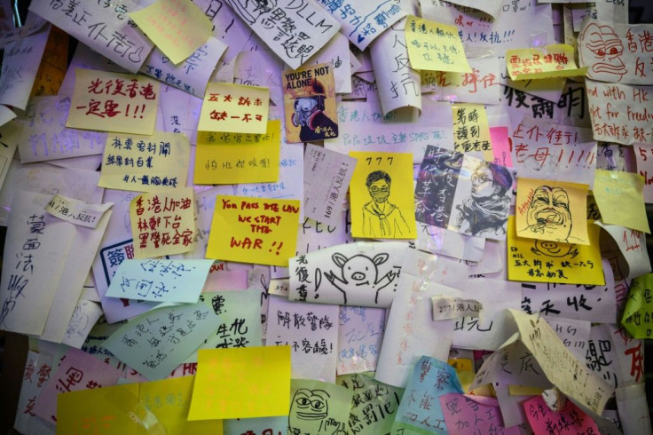 One of Hong Kong's remaining 'Lennon Walls' which show notes in support of the pro-democracy protests