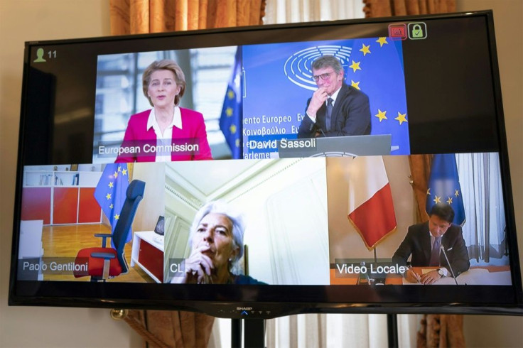 The European Commission promised to support Italy during Saturday's video conference between Italian Prime Minister Giuseppe Conte (bottom right) and (clockwise from bottom centre) ECB chief Christine Lagarde, European Commission President Ursula von der 