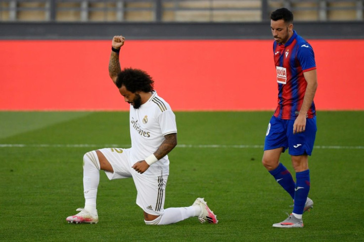 Real Madrid's Brazilian defender Marcelo took the knee after scoring against Eibar in La Liga on Sunday