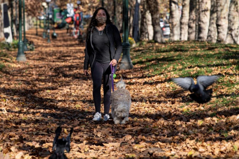 A woman wears a face mask as a preventive measure against the spread of COVID-19 as she walks her dog in Santiago, on June 14, 2020
